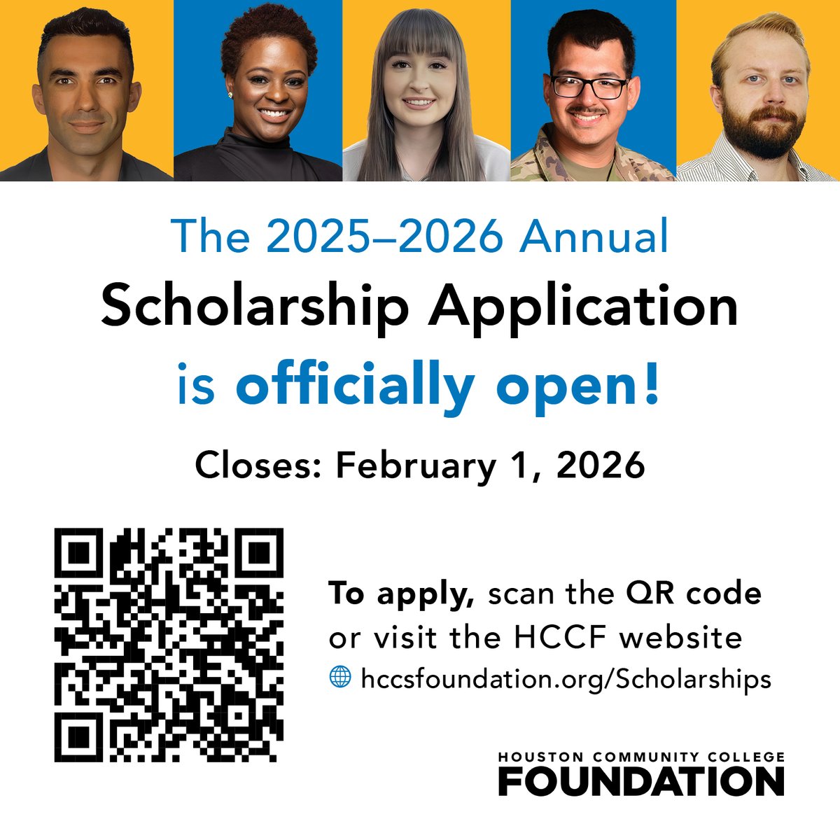 The 2025-2026 Annual Scholarship Application is officially open! 
Don’t wait, apply today!
hccsfoundation.org/Scholarships