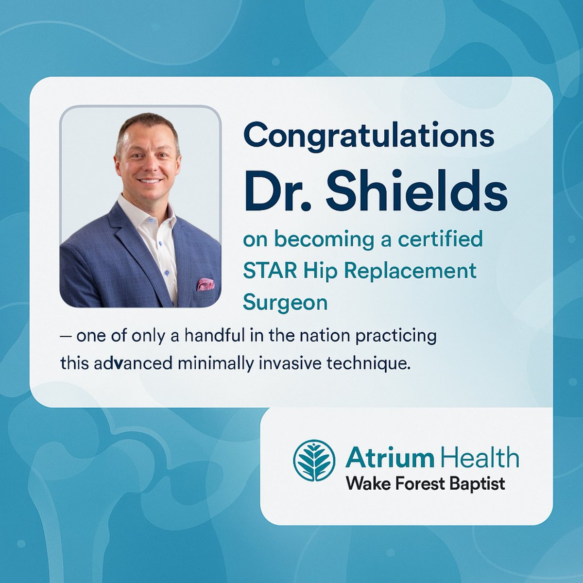 🎉 BIG NEWS!
Dr. John Shields is now a certified STAR Hip Replacement Surgeon — one of only a handful in the nation performing this advanced, minimally invasive technique!

🗣️ Dr. Shields shares:
“It’s the least tissue disruptive posterior approach to hip replacement that we’ve
