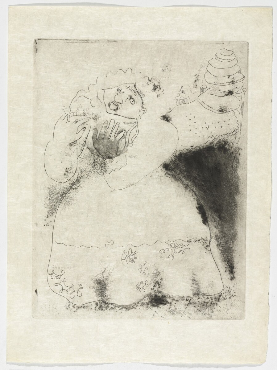 artistchagall's tweet image. Madame Korobotchka, plate XV (supplementary suite) from Les Âmes mortes #artbots #chagall