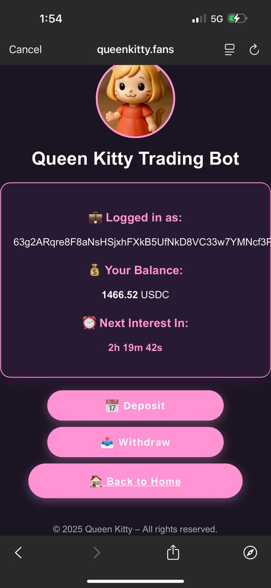 CodeManSol's tweet image. We will soon receive our first interest payment from the @QueenKitty20236 trading bot! We are very excited for this partnership!