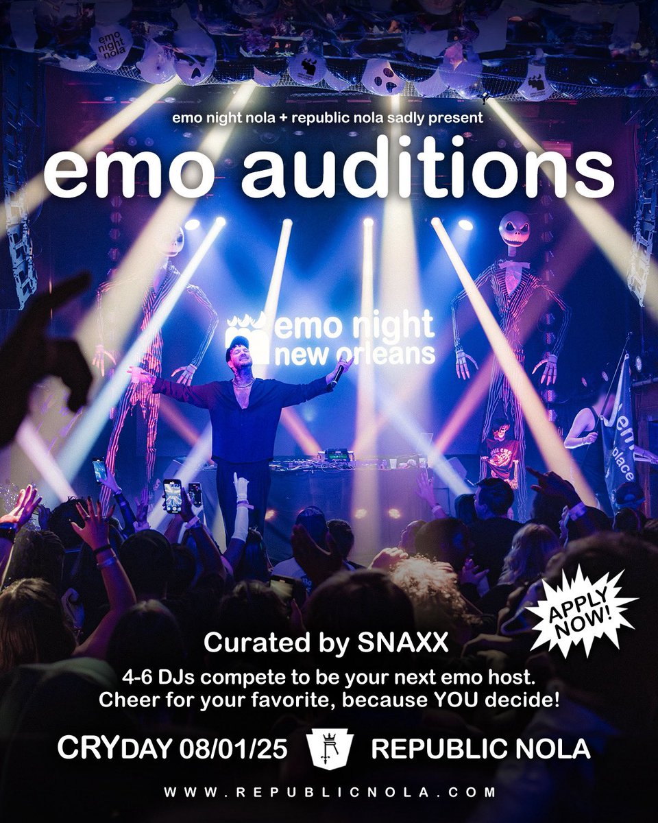 Think you have what it takes to be the next emo resident? Now’s your chance! Apply for the EMO AUDITIONS on CRYday 8/1/25 where 4-6 DJs will compete to be the next emo host, chosen by the crowd’s cheers! Afterwards, enjoy a set filled with all your emo singalongs curated by our