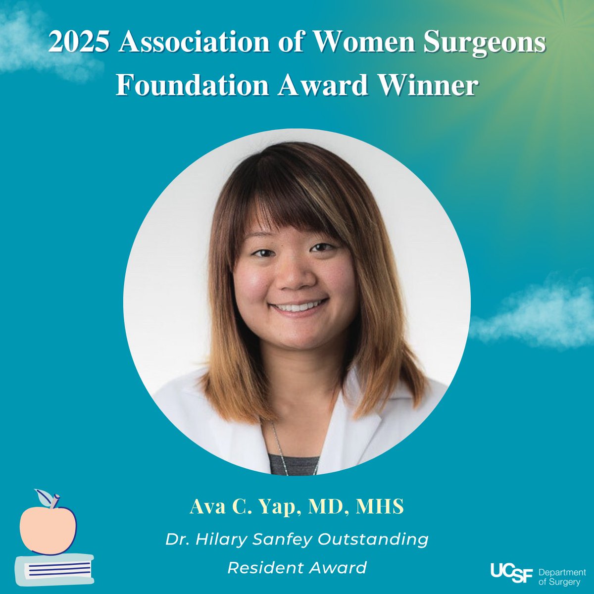 UCSFSurgery's tweet image. 🎉Big news‼️Recent @UCSF Surgery Graduate Dr. Ava C. Yap @avacyap has been named the 2⃣0⃣2⃣5⃣ recipient of the Dr. Hilary Sanfey Outstanding Resident Award by the Association of @WomenSurgeons. She’ll be honored at the #AWSF Gala on October 5th in Chicago. Congrats, Dr. Yap!🏅