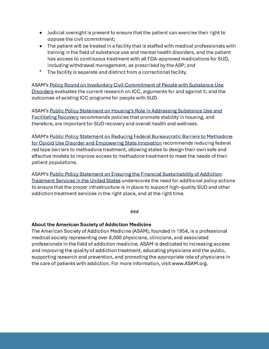 ASAMorg's tweet image. Read ASAM president Dr. Stephen Taylor's statement in response to yesterday's Executive Order issued by President Trump, which aims to increase the use of involuntary civil commitment of unhoused people with substance use disorders.
🔗ow.ly/ztQh50WvsLn