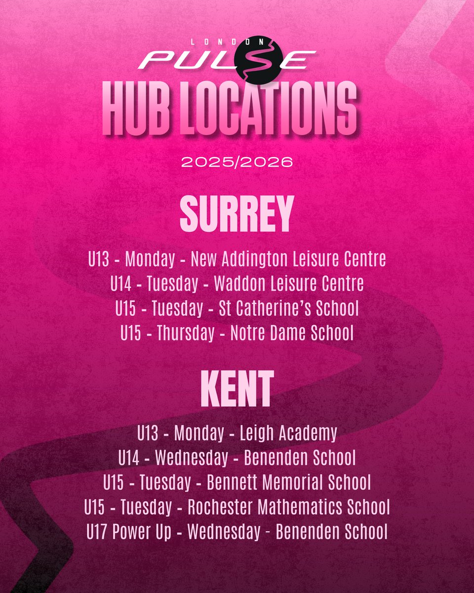 Hub Locations 2025/26 🩷

We have more opportunities than ever before to become part of our Pathway across London and the South East. 

Our Hub programme is the best and biggest of its kind.  Don’t miss out, sign up to our late trials now ⬇️

londonpulsenetball.com/product/london…
