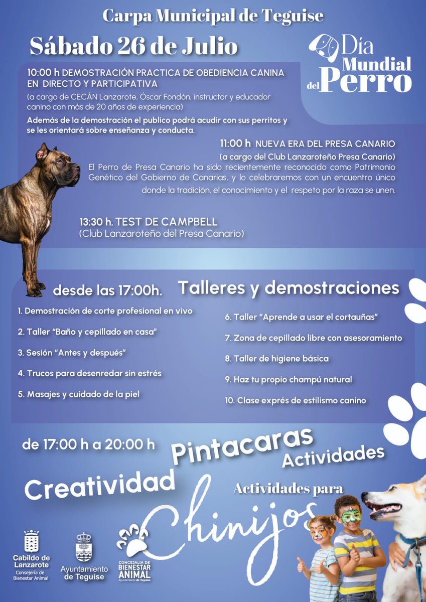 🐶 ¡Celebra este sábado 26 de julio el Día Mundial del Perro en la Carpa Municipal de Teguise!

Una jornada organizada por el Área de Bienestar Animal que dirige el consejero Armando Santana.