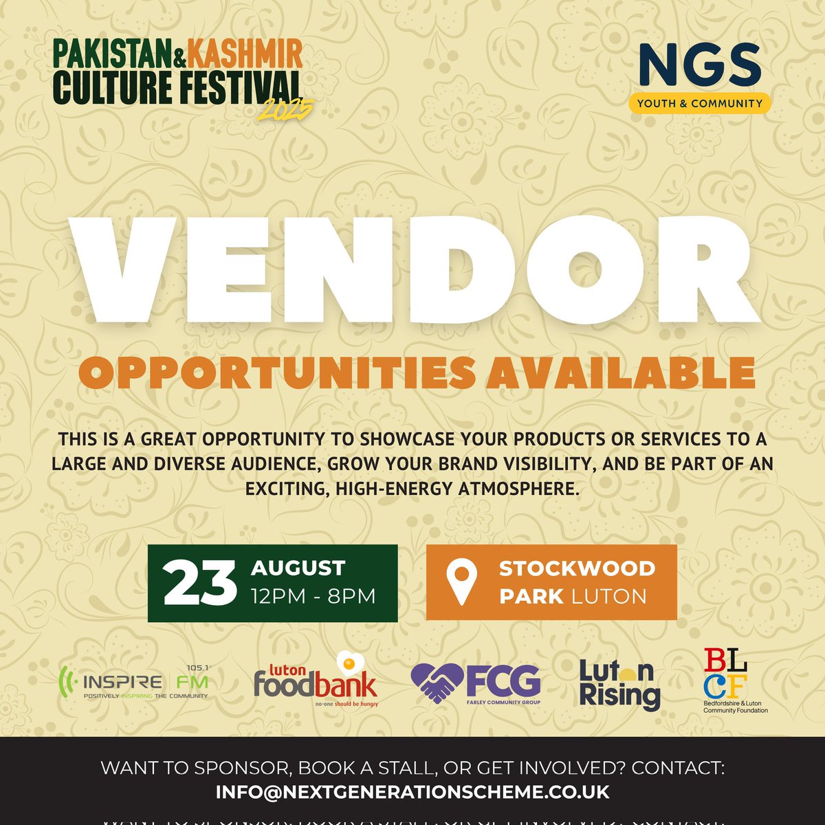 Next Generation Scheme (@nextgenscheme) on Twitter photo Vendor spots OPEN for the Pakistan & Kashmir Culture Festival 2025! Showcase your brand & join the fun.
🗓️ Aug 23 | Stockwood Park Luton
Email info@nextgenerationscheme.co.uk to book!
#Luton #Vendors #CultureFestival Vendor spots OPEN for the Pakistan & Kashmir Culture Festival 2025! Showcase your brand & join the fun.
🗓️ Aug 23 | Stockwood Park Luton
Email info@nextgenerationscheme.co.uk to book!
#Luton #Vendors #CultureFestival