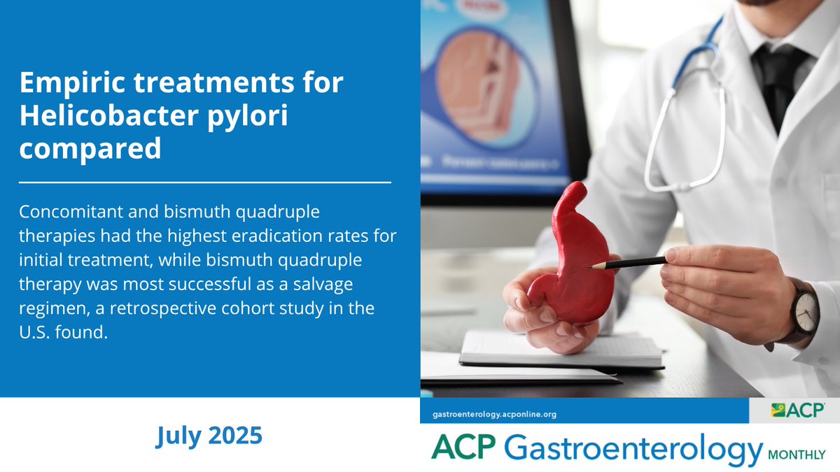 ACPIMPhysicians's tweet image. The latest in ACP #Gastroenterology Monthly: bit.ly/4k8LFNL
🔸 Empiric treatments for Helicobacter pylori compared
🔸 Several drug classes reviewed, found unlikely to trigger microscopic colitis
🔸 Spotlight on FIT outreach