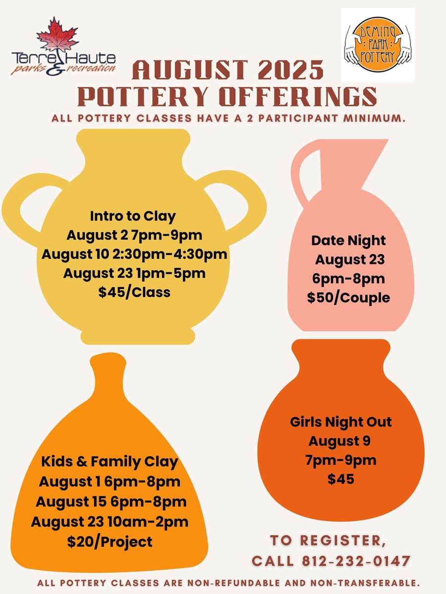 Mark your calendars now for our August pottery Classes!