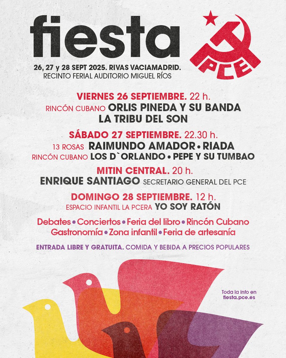 🙋‍♀️ ¡ATENCIÓN, ATENCIÓN!

Ya tenemos cartel y segundo avance del programa de la #FiestaPCE25 🟥🎉✊

Toda la ℹ️ en fiesta.pce.es

No olvides que la vida son dos días y la @fiestapce, tres. 

¡Nos vemos en Rivas-Vaciamadrid!