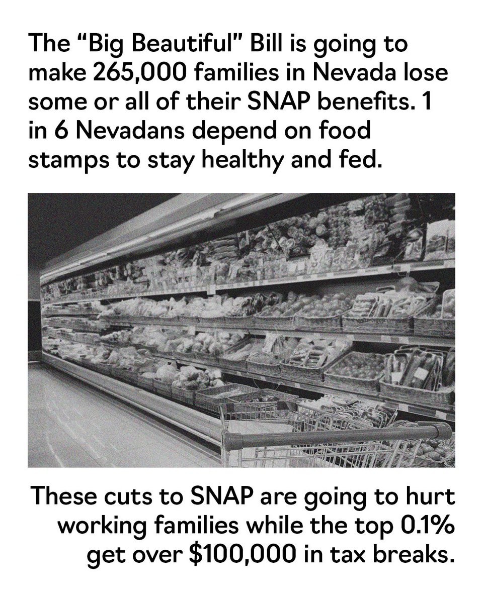 BattleBornProg's tweet image. 1 in 6 Nevadans need food stamps to feed their families, but the #OBBBA is slashing funding for SNAP. This will leave over 265,000 families without reliable access to food — what is there to celebrate @WaysandMeansGOP?
