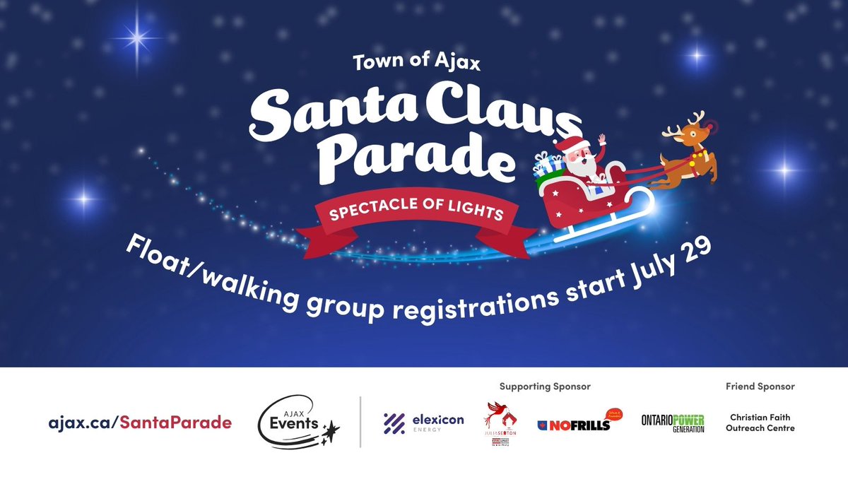 TownOfAjax's tweet image. 📣 It’s almost that time! Registration opens on July 29! 📣
Enter a walking group or float into this year's Santa Claus parade, scheduled for November 22. 🎅
Learn more ➡ bit.ly/3GO03gS