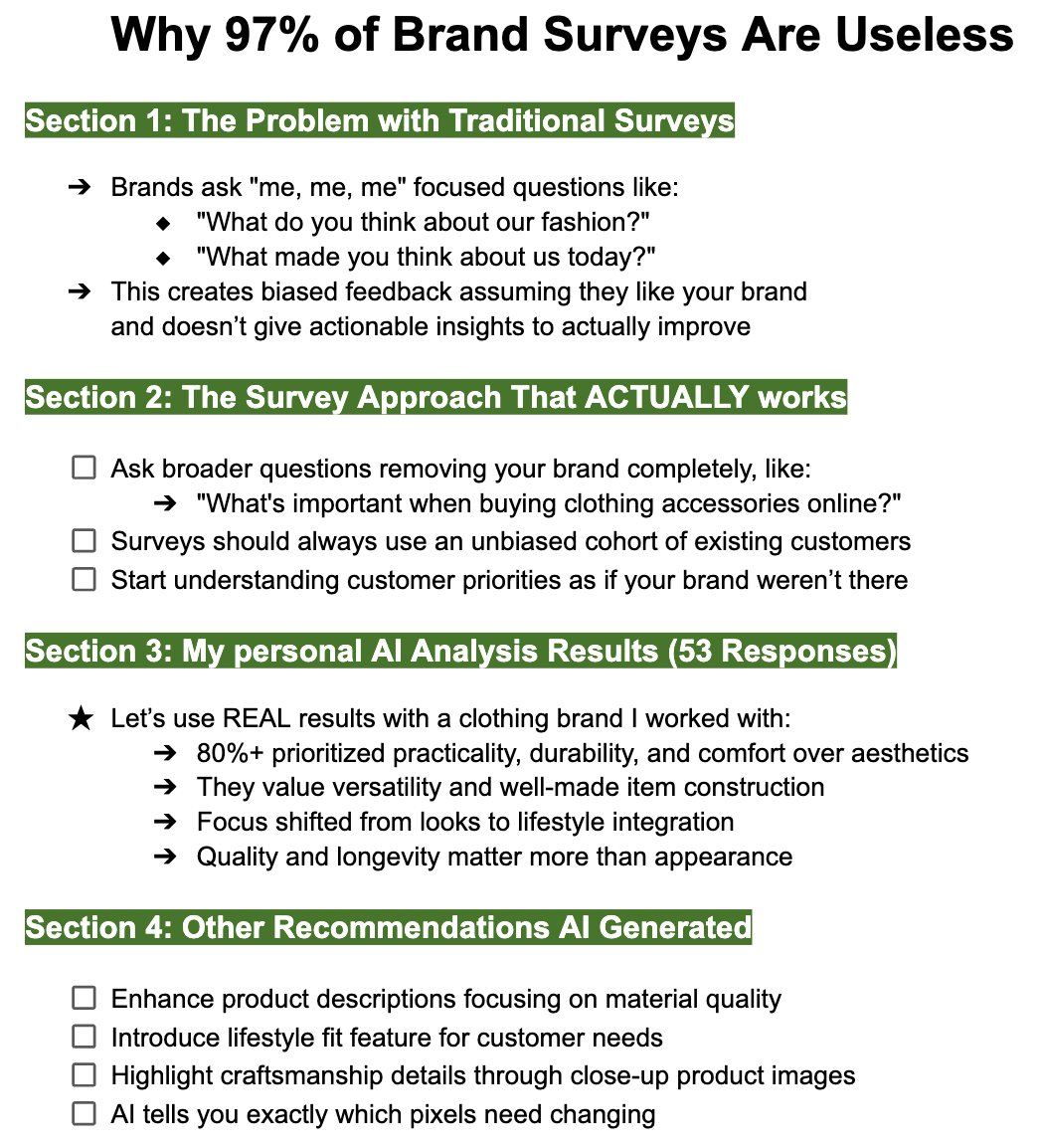 DylanAnder's tweet image. 97% of brand surveys are bullshit

They ask their customers: 
&quot;Why did you buy from us?&quot; 

Then they wonder why they get useless feedback. 

I made a guide on what to do instead