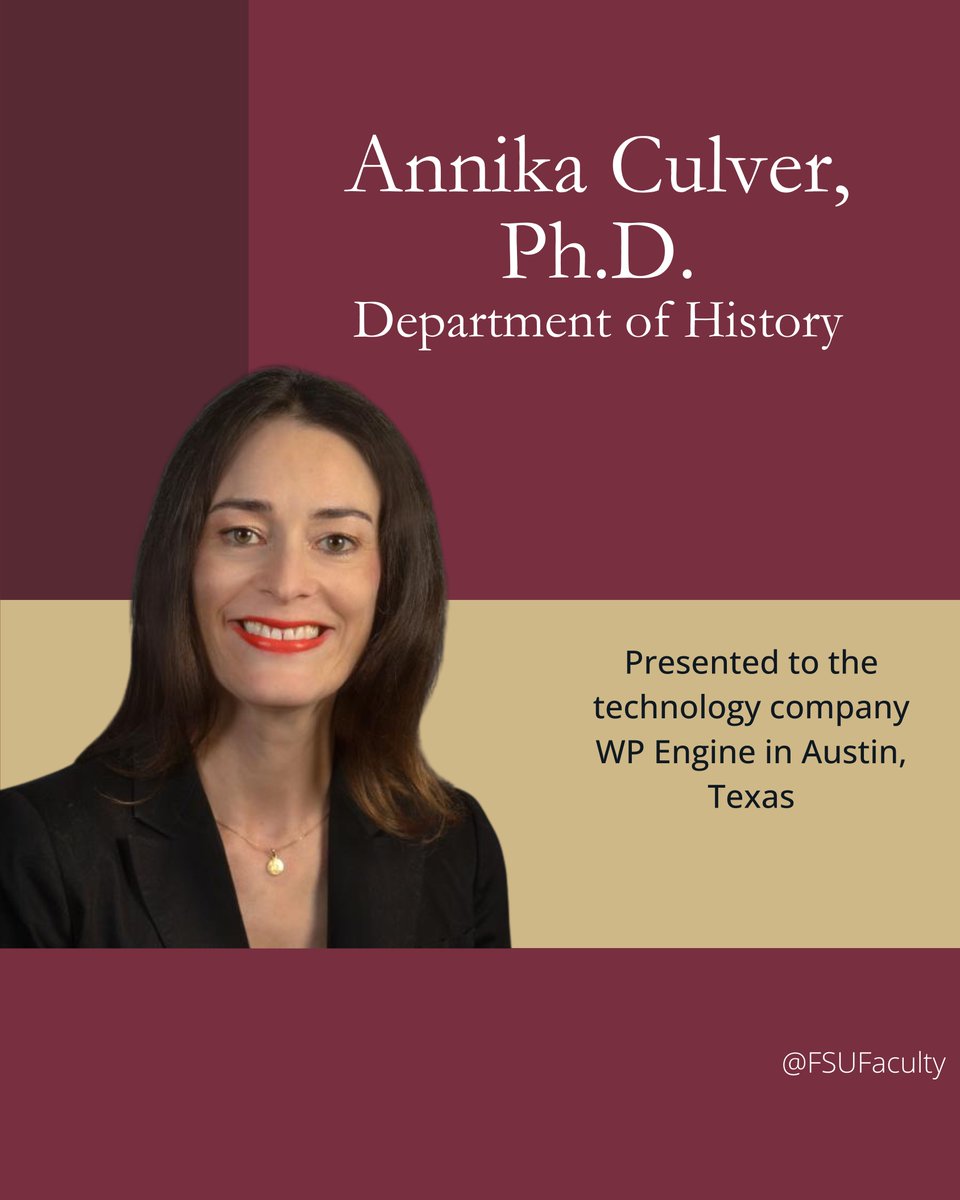 FSUFaculty's tweet image. Annika Culver, Ph.D., from the Department of History (@History_FSU), gave a talk on “Otaku Culture: Consuming, Collecting, and Comics in Japan from the 1980s to Today” to tech company WP Engine in Austin, Texas. 🎌📚💻
#FSU #FSUFaculty #JapanesePopCulture