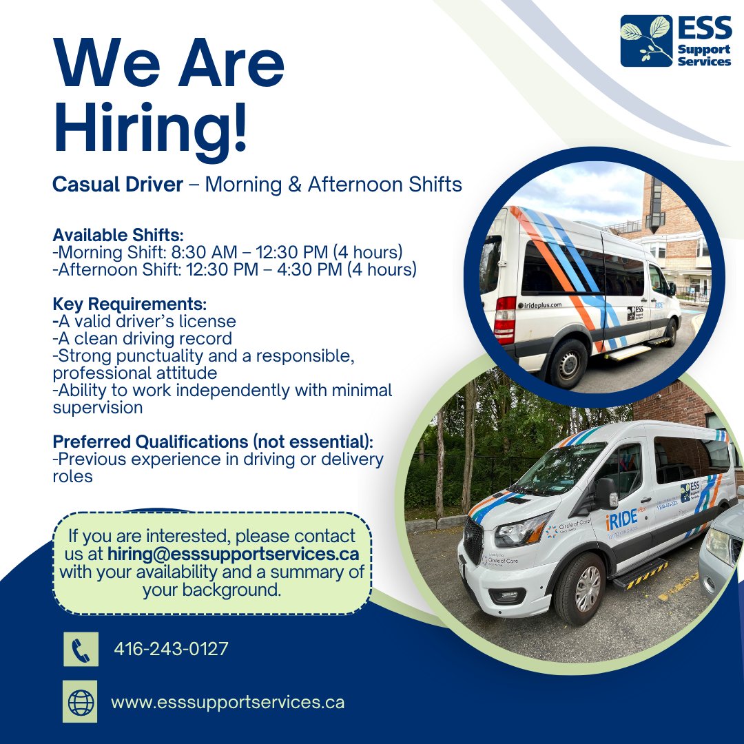 🚐 Drive with purpose!
We're looking for a Casual Driver to help seniors get where they need to go.
Morning &amp; afternoon shifts available.

Be the friendly face behind the wheel – apply now!  esssupportservices.ca/work-for-us/

#hiring #etobicoke