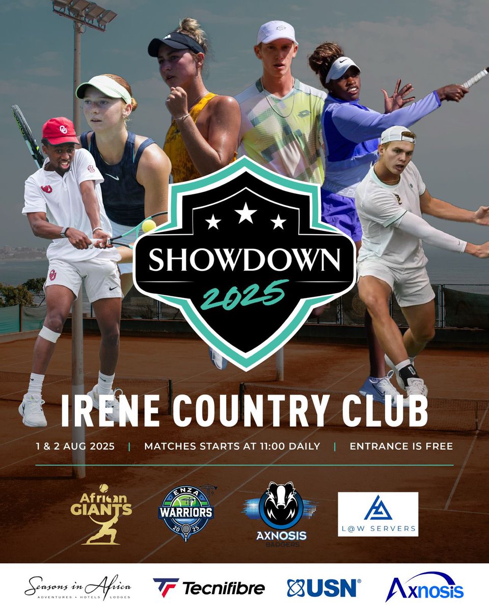 Come and watch the best SA tennis players in action at the #Showdownsa. August 1&amp;2 <a href="/IreneCountryC/">IreneCountryClub</a>