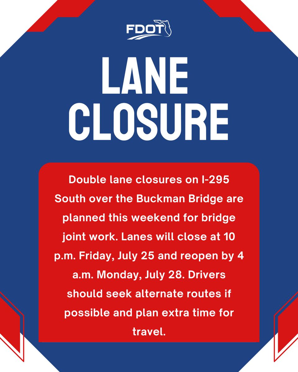 MyFDOT_NEFL's tweet image. ⚠️BUCKMAN BRIDGE LANE CLOSURES: Double lane closures on I-295 South over the Buckman Bridge are planned this weekend for bridge joint work. Lanes will close at 10 p.m. Friday and reopen by 4 a.m. Monday. Drivers should seek alternate routes and plan extra time for travel.