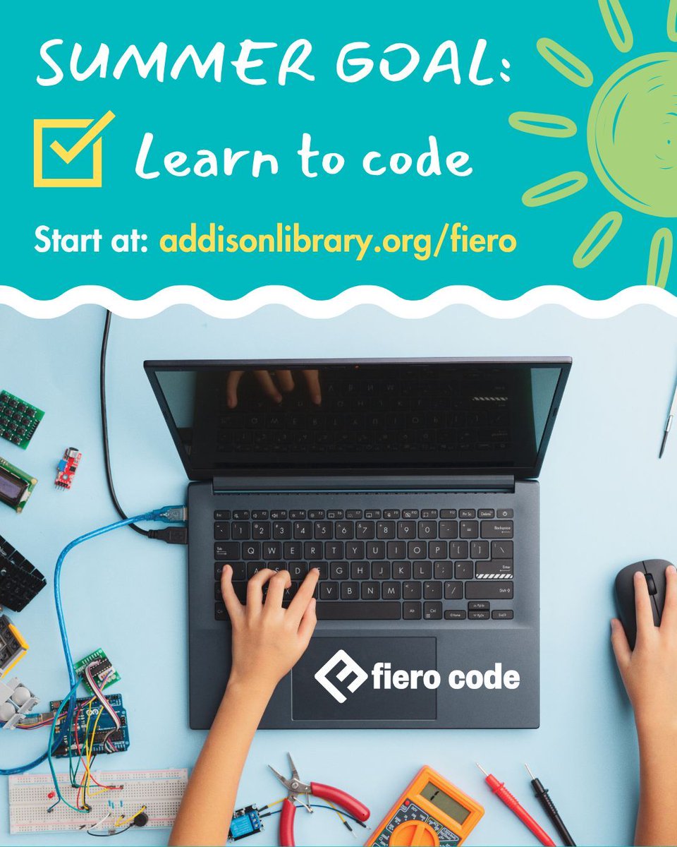 Make learning to code your summer goal!

Fiero Code makes it easy to dive into coding with step-by-step lessons, hands-on projects, and fun challenges. Explore 13+ programming languages like Python, HTML, and Code Blocks—all at your own pace.

Start today: addisonlibrary.org/fiero