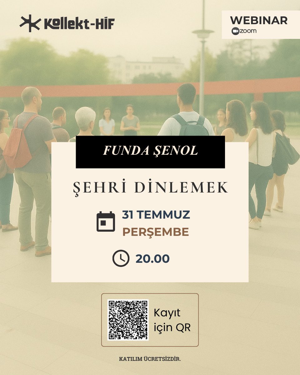 Kollekt_Hif's tweet image. Kollekt-HİF ilk etkinliğinde Funda Şenol'u ağırlıyor.
Şehri hem anlatan birinden dinliyor hem de kendi seslerine kulak veriyoruz.
Yerel tarihten hafıza yürüyüşlerine, görünmeyen hikâyelerden gündelik olanın izlerine uzanan bir yolculuğa davetlisin.
Kayıt için görseldeki QR…
