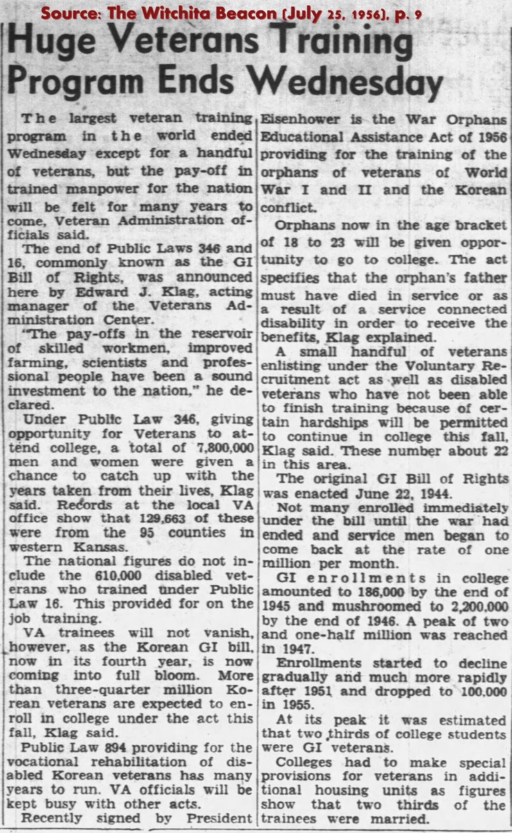 EdHistorians's tweet photo. Today in the history of education, the original GI Bill (aka The Servicemembers' Readjustment Act) expired on July 25, 1956. The bill supported numerous veterans pursuing education &amp; increased the # of students colleges served, causing crowding. New versions of the bill followed. https://t.co/ACxTfwAbEw