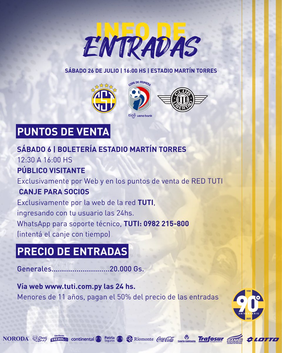 CST_1935's tweet image. 🎫 𝗩𝗘𝗡𝗧𝗔 𝗗𝗘 𝗘𝗡𝗧𝗥𝗔𝗗𝗔𝗦
¡ESTE SÁBADO JUGAMOS EN CASA! 💛💙
Nos enfrentamos a Libertad por la fecha 4 del #CLAUSURA2025.
📍 Estadio Martín Torres
🕓 16:00 hs
¡𝘊𝘖𝘕 𝘍𝘌, 𝘊𝘖𝘕 𝘌𝘓 𝘉𝘈𝘙𝘙𝘐𝘖, 𝘊𝘖𝘕 𝘌𝘓 𝘛𝘙𝘐𝘒𝘐! 🔥
#90AñosTriki #ElClubDeTodos 🟡🔵