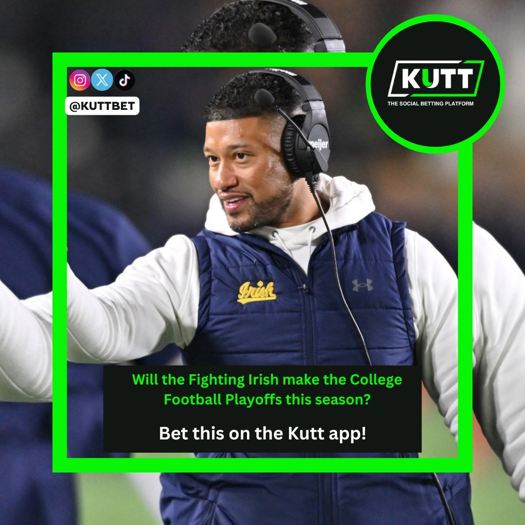 KuttBet's tweet image. Will the Fighting Irish make the College Football Playoffs this season?
Make your pick on the Kutt app: kuttapp.app.link/WfJZUy2Phub
#ncaa #ncaaf #cfb #collegefootball #football #sportsbetting #betting #bets #parlay #picks #kutt #friends