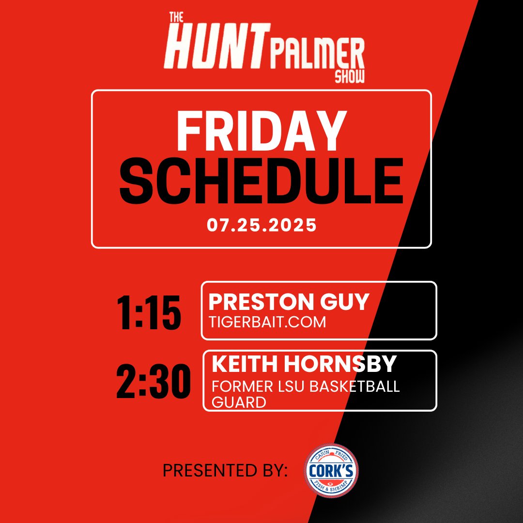 104.5 ESPN (@1045espn) on Twitter photo 🚨Today on The Hunt Palmer Show presented by Corks Fish & Shrimp🚨
⏰1-3pm
🏈1:15 - <a href="/PGuy77/">Preston Guy</a>
🐯2:30 - <a href="/KHornsby4/">Keith Hornsby</a>
📺WATCH: youtube.com/watch?v=k-BtsA…
🎧LISTEN: 1045espn.com 🚨Today on The Hunt Palmer Show presented by Corks Fish & Shrimp🚨
⏰1-3pm
🏈1:15 - <a href="/PGuy77/">Preston Guy</a>
🐯2:30 - <a href="/KHornsby4/">Keith Hornsby</a>
📺WATCH: youtube.com/watch?v=k-BtsA…
🎧LISTEN: 1045espn.com