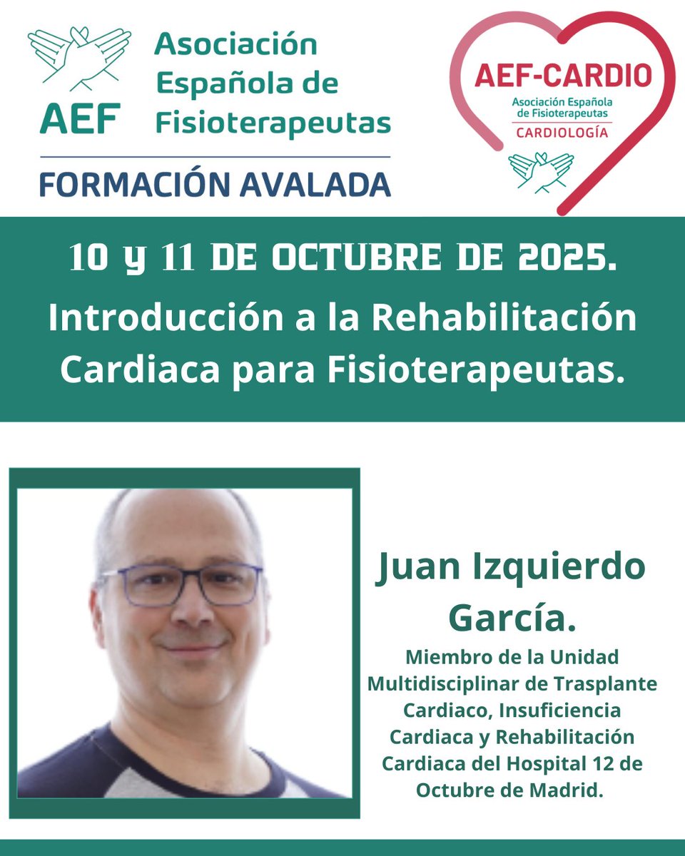 AEF (@aefisio) on Twitter photo 🎓 ¡Curso presencial en Madrid!
"Introducción a la Rehabilitación Cardiaca para Fisioterapeutas"
📆 10-11 Oct
Aprende con uno de los grandes #fisioterapeutas de la #FisioterapiaCardiaca
¡Plazas limitadas!
ℹ️ bit.ly/4klB2ak
<a href="/AefCardio/">AEF-CARDIO</a> #Fisioterapia 🎓 ¡Curso presencial en Madrid!
"Introducción a la Rehabilitación Cardiaca para Fisioterapeutas"
📆 10-11 Oct
Aprende con uno de los grandes #fisioterapeutas de la #FisioterapiaCardiaca
¡Plazas limitadas!
ℹ️ bit.ly/4klB2ak
<a href="/AefCardio/">AEF-CARDIO</a> #Fisioterapia