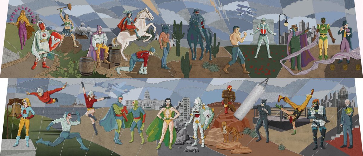 DCComicsARG's tweet image. ¡BRUTAL!

James Gunn reveló el mural que aparece en #Superman de los metahumanos del Salón de la Justicia. 

¿Adivinan cuáles son? 🤔