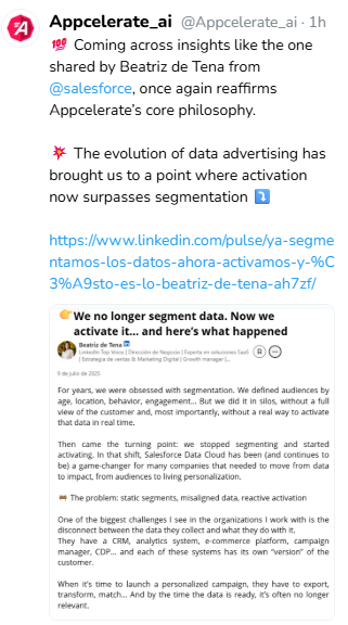 🎯 Segmentation has long been the essence of advertising: grouping audiences.

📍At Appcelerate, we know that today’s advertising is all about real-time activation using contextual variables. Smart advertising learns, identifies high-impact moments, and turns them into results ⤵️