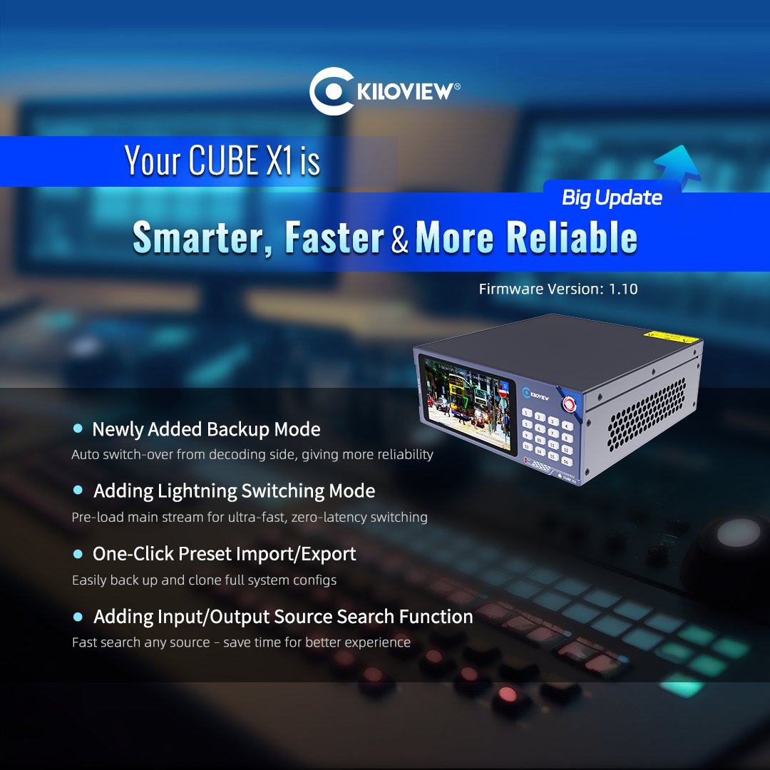 CUBE X1 New NDI features! 🎥

✔️ 16 In / 32 Out
✔️ Auto failover
✔️ Lightning-fast switching
✔️ One-click backups
✔️ Source search

Learn more about the CUBE X1: ow.ly/zekb50Wvs5i

#NDI #Production #Streaming #Video #ProAV #Kiloview