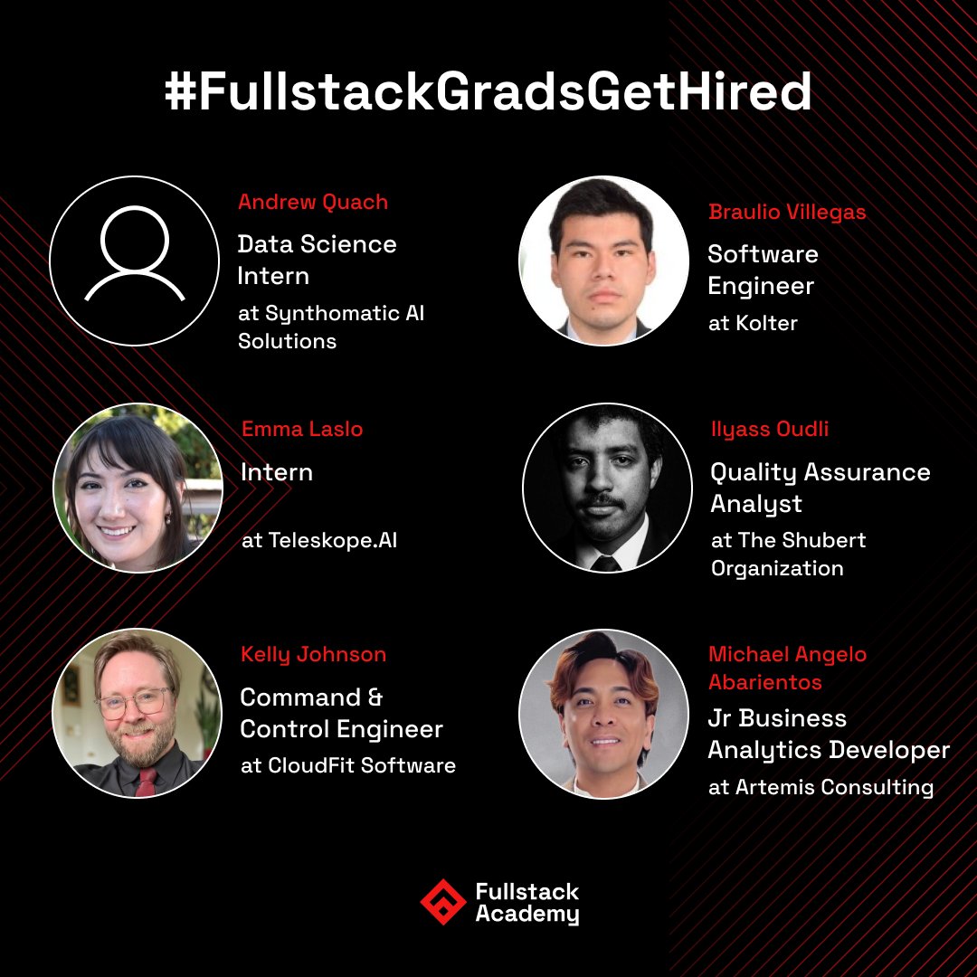 fullstack's tweet image. Celebrating another group of #FullstackAcademy graduates who’ve landed new roles! Ready to start your career transformation? Explore our bootcamps: fullstack.academy/gets-hired-tw #FullstackGradsGetHired