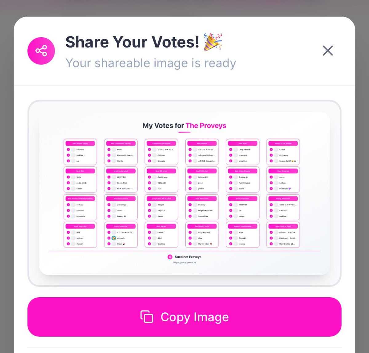 RhinoDTopDog's tweet image. My votes for the Succinct Proveys are in! 🏆 Congrats to all the amazing nominees.
Don't forget to support your favorite @SuccinctLabs community members! vote.prove.rs