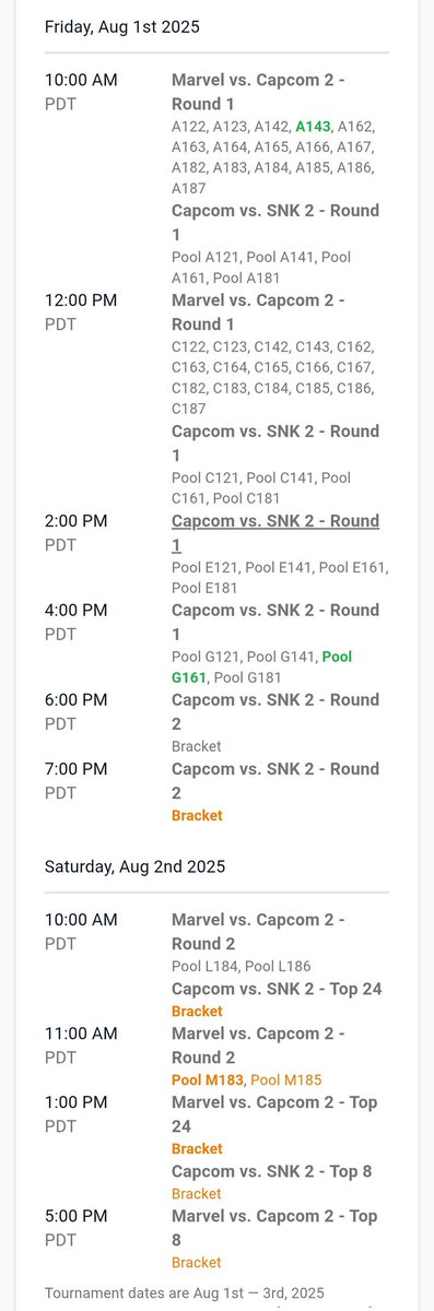 Almost evo time! Startgg can be annoying to navigate at times, putting this here for my own person reference, but maybe it can help others too! MVC2 and CVS2 schedules thru the different waves of pools/qualifiers