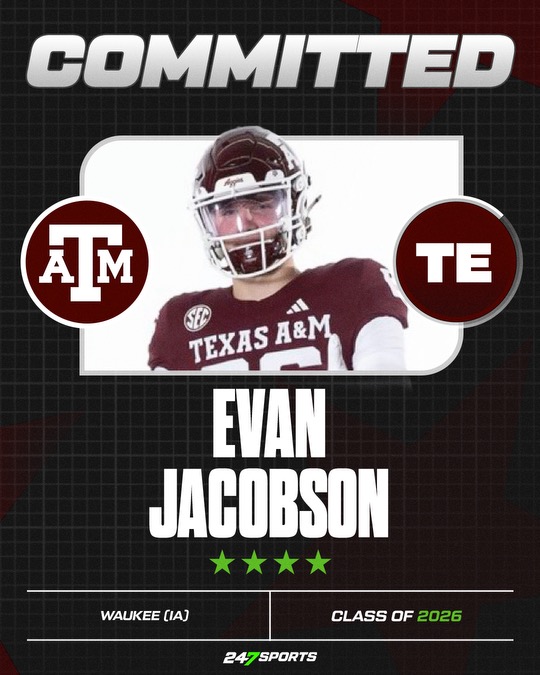 GigEm247's tweet image. Four-star TE Evan Jacobson explains Aggie commitment via @AllenTrieu. (VIP)
247sports.com/college/texas-…