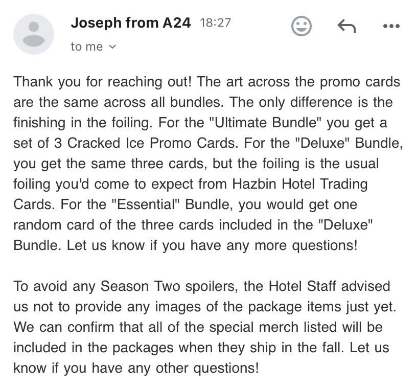 AmirTalai's tweet image. I emailed A24 regarding the 3 Vees Trading cards and it looks like you need to buy the 196.66 bundle and the 106.66 bundle to be able to get both versions of the cards. #hazbinhotel