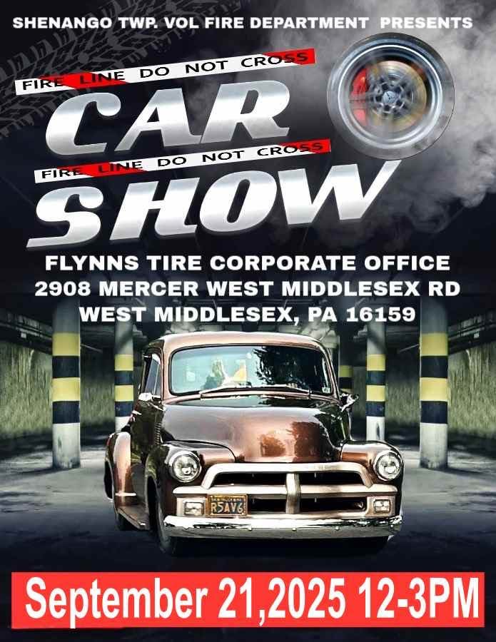 Due to weather, the Shenango Township Volunteer Fire Department Car Show has been postponed and will now take place on Sunday, September 21st, from 12:00 PM to 3:00 PM.

Registration is a donation, and anything helps. Come on out and support our community!