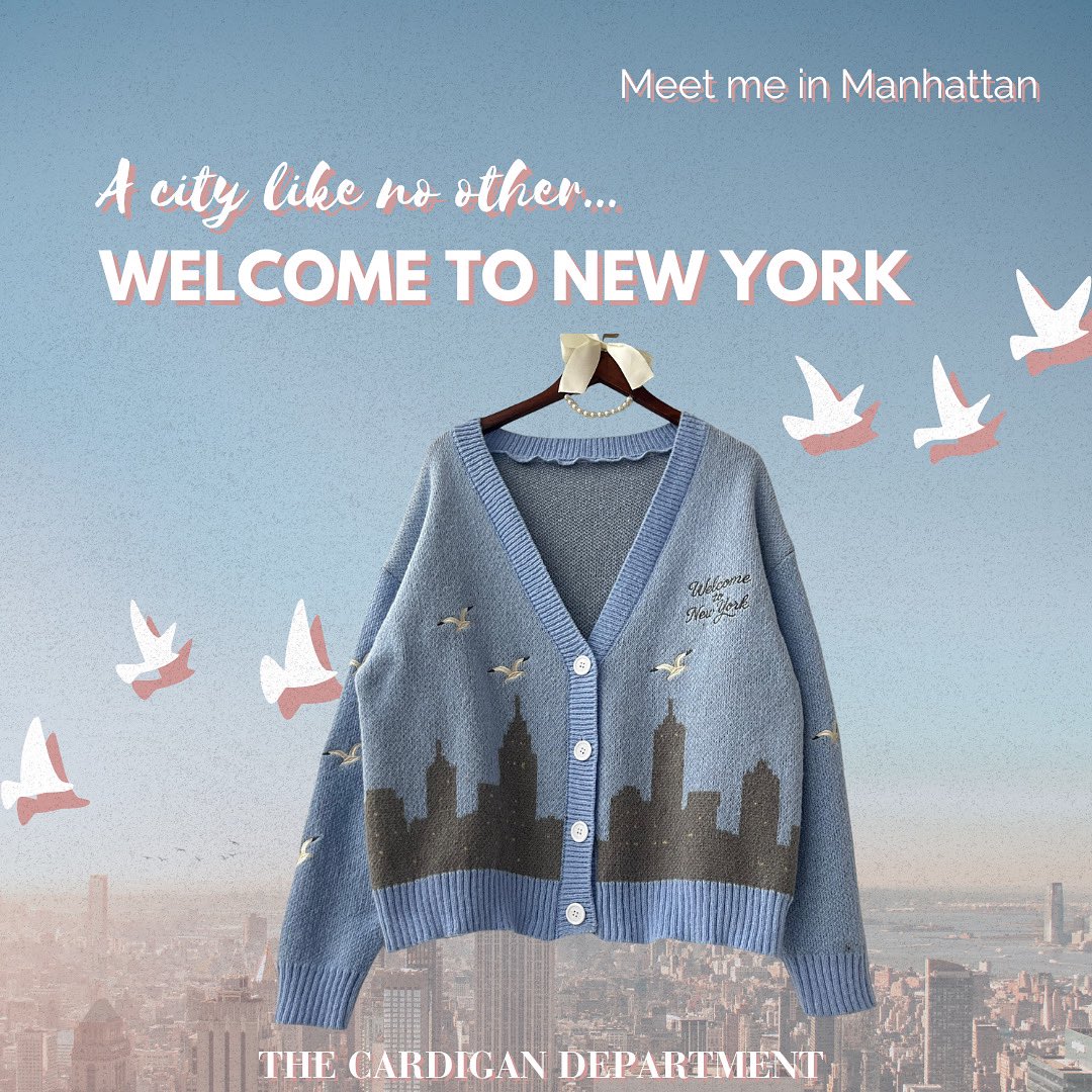 ✨ A city like no other ✨ 
Our Welcome to New York cardigan captures the magic of Manhattan skylines, soaring birds, and big city dreams. Soft, cozy, and ready for your next adventure 💙🗽

Now available at The Cardigan Department 💗
thecardigandepartment.com