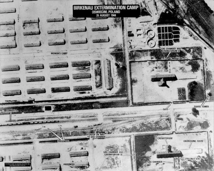 auschwitzxhibit's tweet image. (2/2) On August 25, 1944, an aerial photo captured Auschwitz, showing a freight train with about 1,500 people headed to the gas chambers and Crematorium II. These photos were not analyzed until 35 years later.