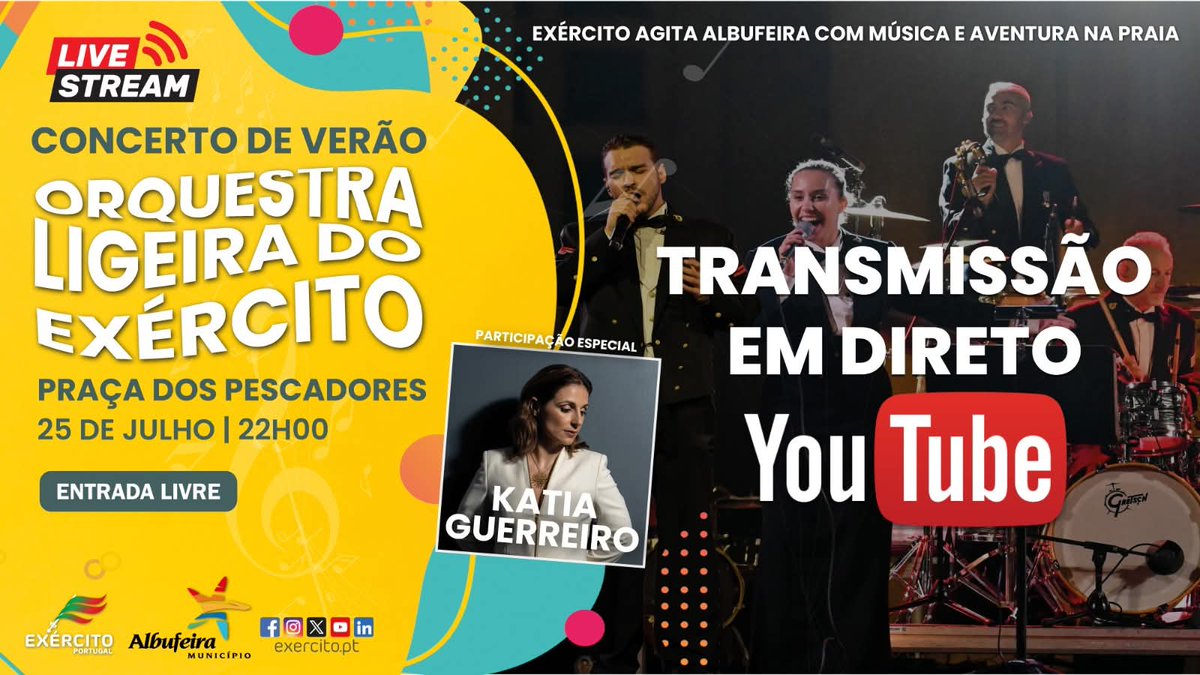 Exercito_pt's tweet image. 🎥 Nao pode estar em Albufeira? Nós levamos o concerto até si 😉
🔴 A partir das 22h00, assista em direto ao inesquecível Concerto de Verão do Exército, com a Orquestra Ligeira do Exército e a participação especial da Katia Guerreiro.
🔗 m.youtube.com/watch?v=KKL2lr…