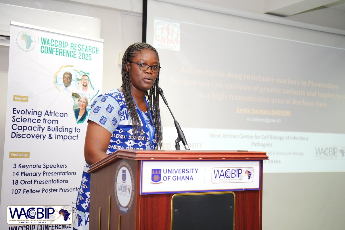 WACCBIP_UG's tweet image. Final Fellows' session at #WRC2025 —ending on a high note!
- Emilie Badouum highlights alarming drug resistance in malaria parasites from Burkina Faso, underscoring the need for continuous surveillance.
- Philip Ilani shows how the PfMyoJ protein supports malaria parasite…