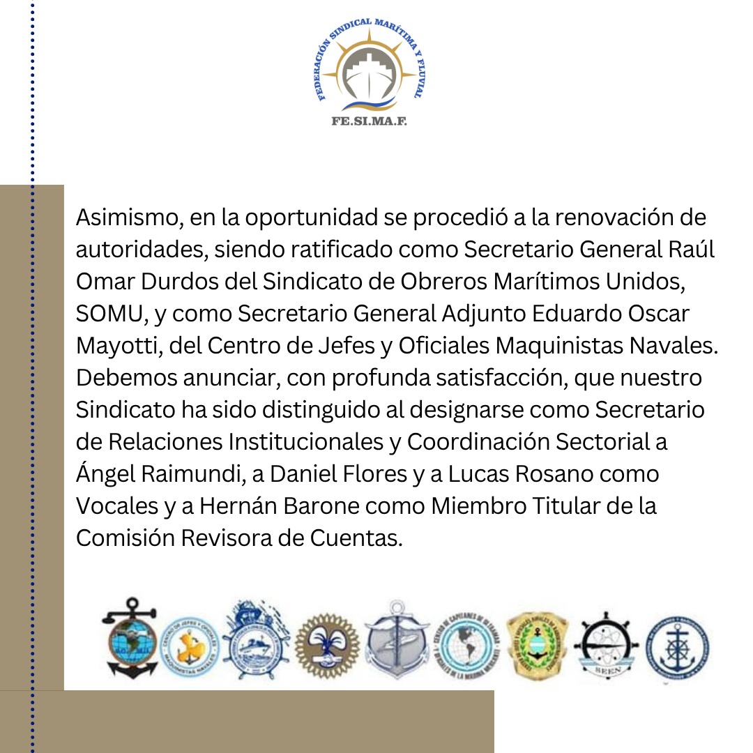 siconaraok's tweet photo. Estimados afiliados/as:

En el día de ayer, la Federación Sindical Marítima y Fluvial, FeSiMaF, realizó su Asamblea en la que se formalizó la incorporación de nuestra institución a la misma, trámite que se encontraba pendiente. https://t.co/KwvzUhkMRj
