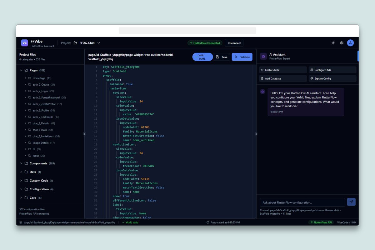 Having fun with <a href="/flutterflow/">FlutterFlow</a> Project APIs, and I thought to create an AI-assisted editor that can manipulate your project's YAML files. More power when MCPs are made public.
Would you like to try it out :) 
#Flutterflow  #AI #vibecode