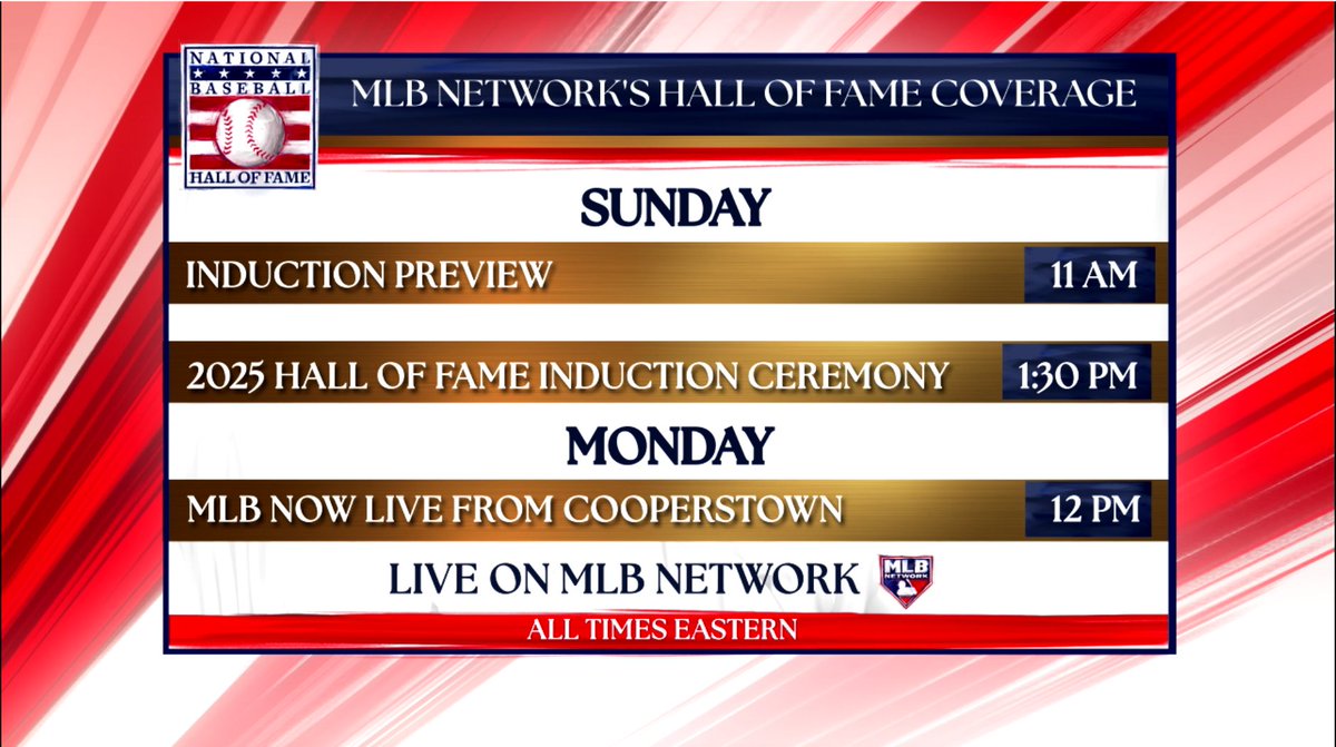 MLBNow's tweet image. MLB Network is your home for coverage of the 2025 @baseballhall induction ceremony! ⚾️📺