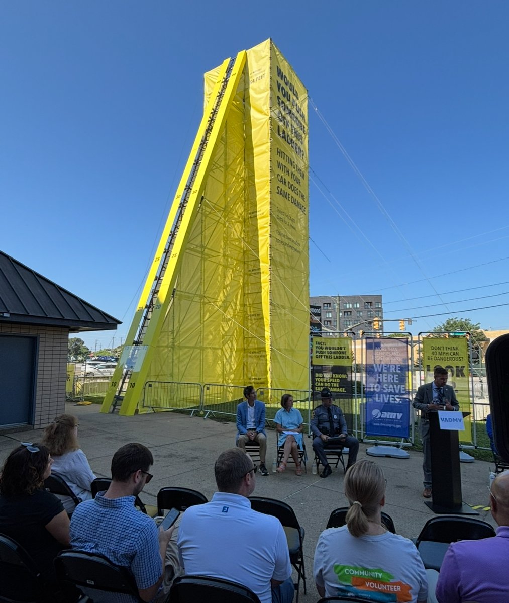 VSPPIO's tweet image. Today, Col. Matthew D. Hanley talked about the dangers of speeding as the DMV unveiled a 54-foot ladder and the Diamond in Richmond. The ladder shows the impact of a crash at various speeds.