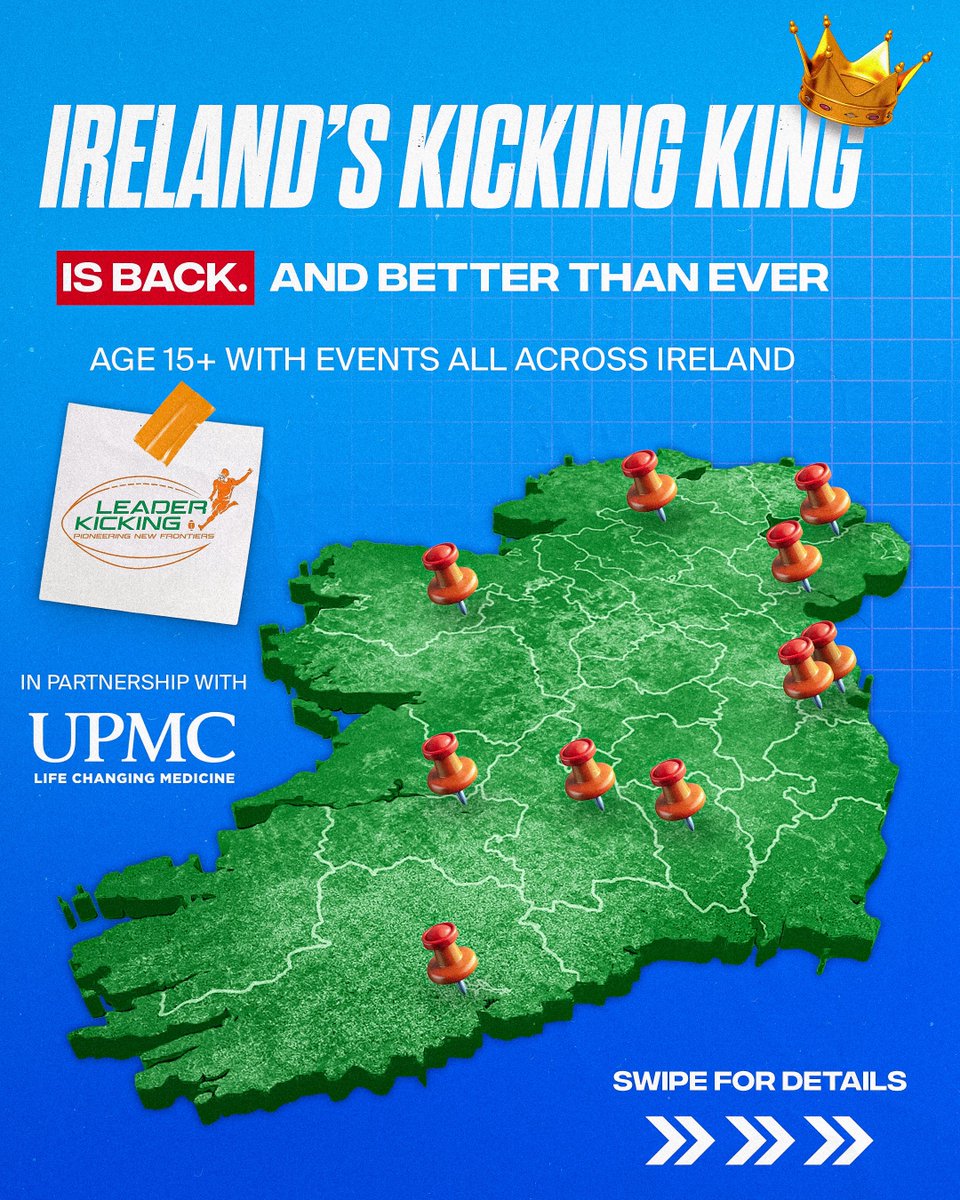 TadhgLeader's tweet image. 👑Ireland’s Kicking King is BACK in partnership with @UPMCinIreland 👑
SPREAD THE WORD ‼️
✅Events are FREE to attend
🏈 Win NFL tickets to Croke Park
👕 Free Leader Kicking t-shirt
📍10 locations across Ireland
🙌 Open to all – GAA, rugby, soccer players are encouraged to…