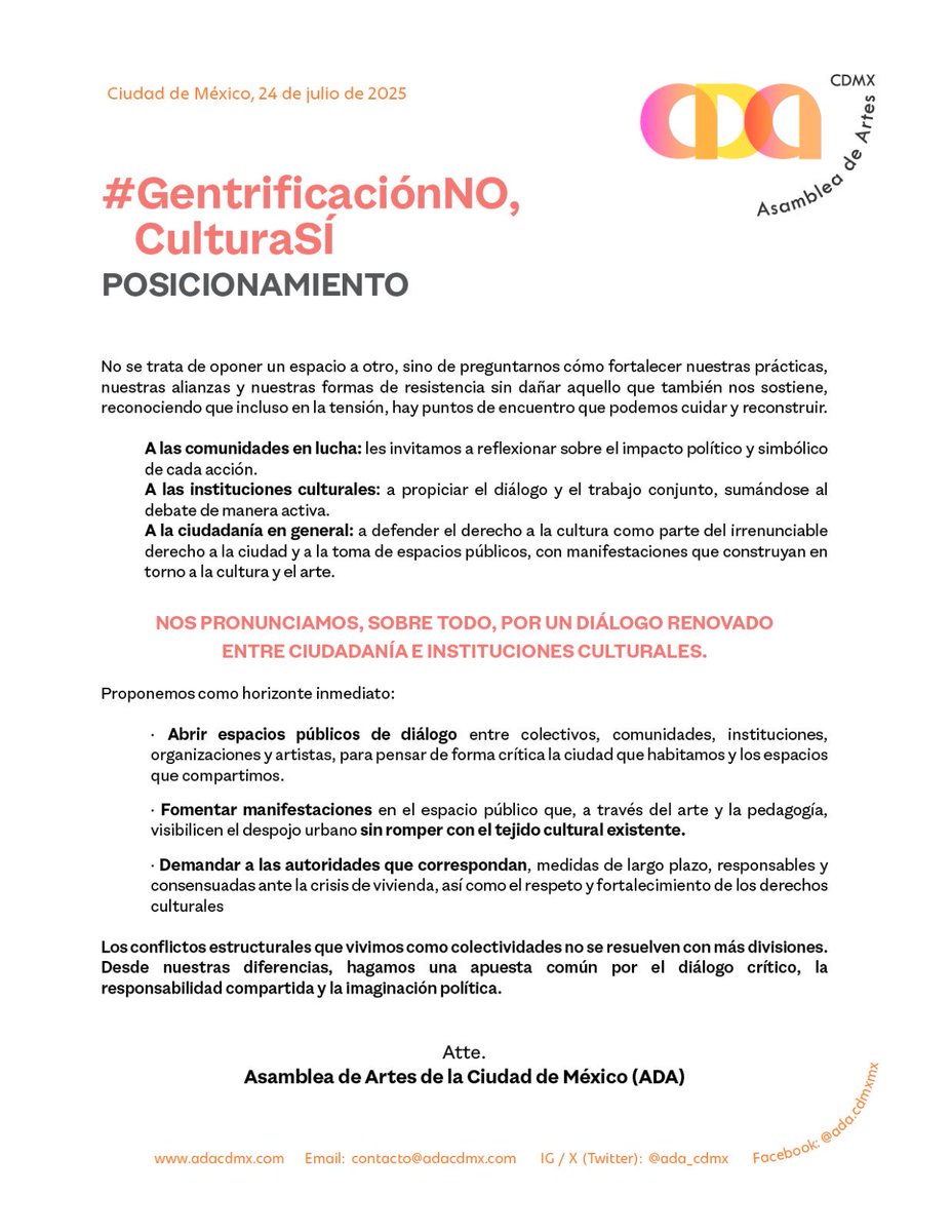 Desde ADA, tras conversaciones con varias voces y posturas, nos pronunciamos por un diálogo renovado entre ciudadanía e Instituciones culturales. #GentrificaciónNOculturaSI #gentrificacioncdmx #culturaCdmx