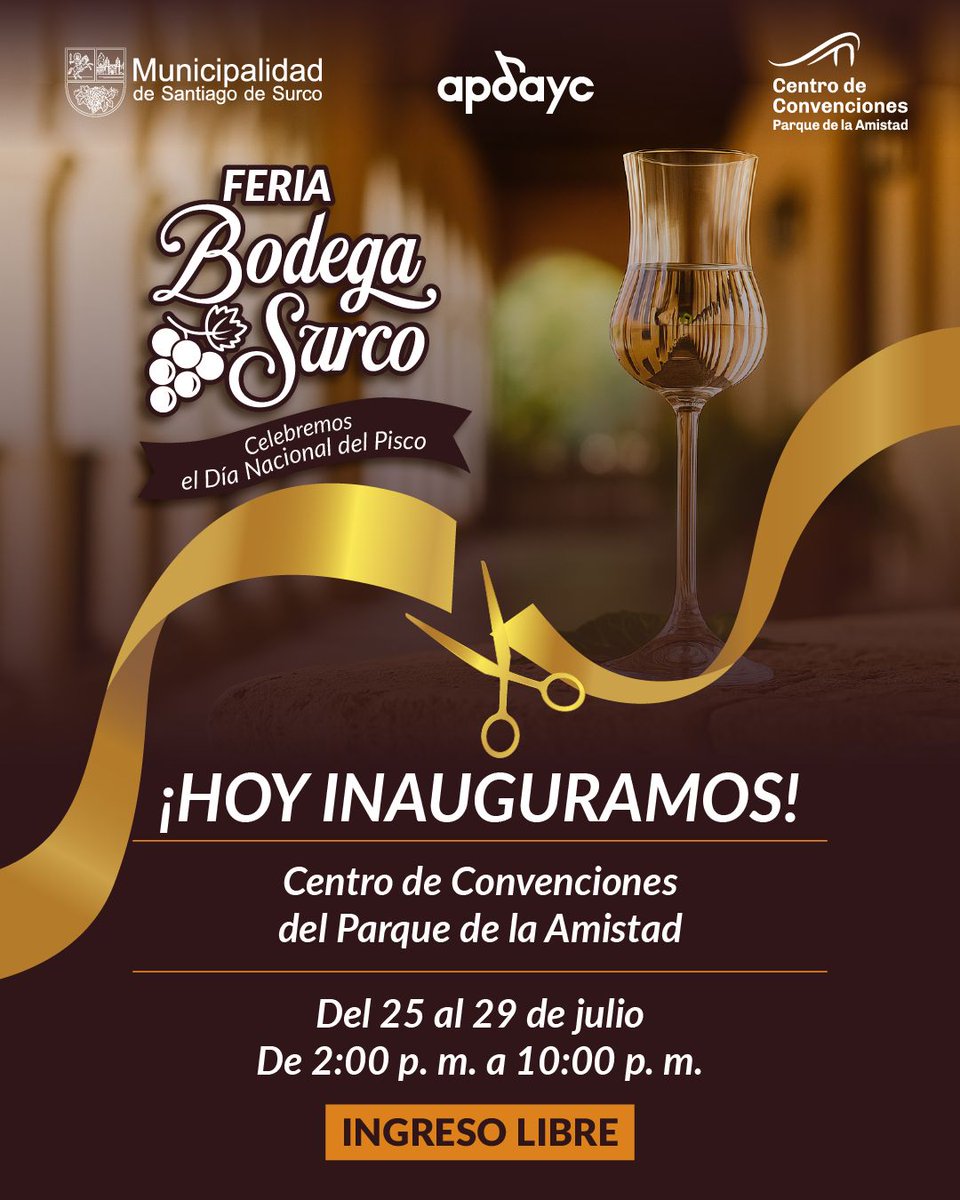Vecinos, los invito a disfrutar de la Feria Bodega Surco 2025 🍷, un evento que celebra lo mejor del pisco, el vino, la gastronomía y nuestra cultura peruana.

Del 25 al 29 de julio, acompáñennos en el Centro de Convenciones del Parque de la Amistad, de 2:00 p. m. a 10:00 p.