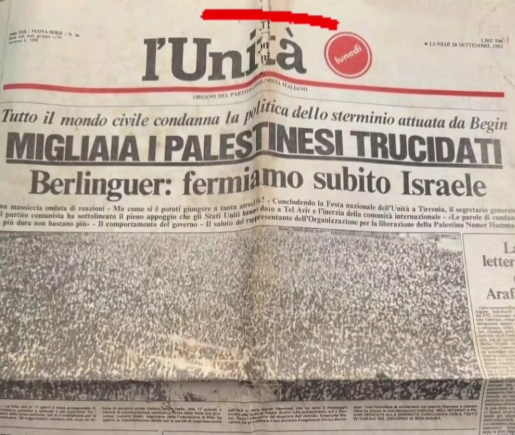 P_M_1960's tweet image. Nulla è cambiato, era l'anno 1982 e Hamas non esisteva, Hezbollah nemmeno e Israele vantava già 30 anni di crimini documentati.
Dedico questo post ai politici dalla memoria corta, ai giornalisti a libro paga delle lobby ebraiche e agli ignavi come la Segre e il nostro PDR.