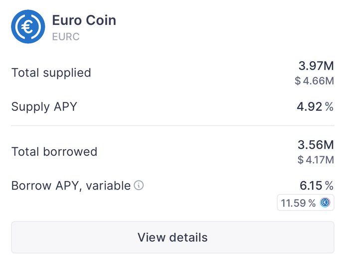 Euro Coin (EURC) yield details on Aave Ethereum showing 4.9% supply APY and 6.15% borrow APY