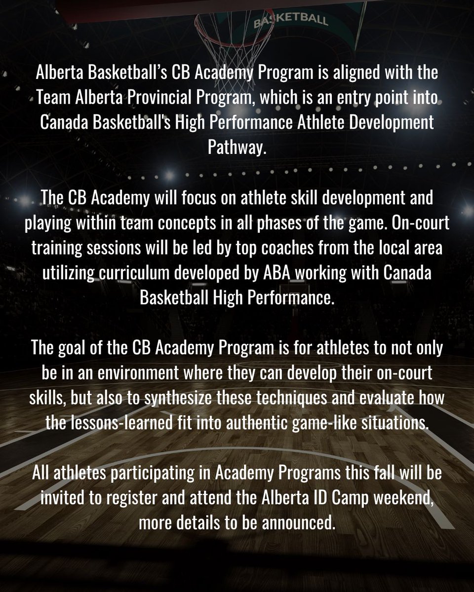 🏀 Alberta Basketball’s CB Academy is aligned with the Team Alberta Program &amp; Canada Basketball’s High Performance Pathway. Train with top coaches this fall &amp; get invited to the Alberta ID Camp.

🔗 Register here: abbasketball.ca/content/2025-a… 
#CBacademy #AlbertaBasketball